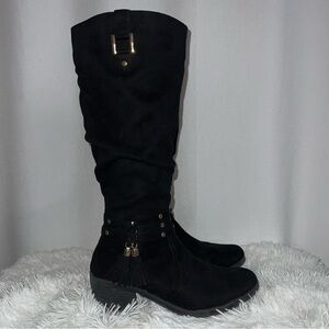 Global Win Black Knee-High Boots Tassel Detail Stacked Heel Women’s Size 7.5